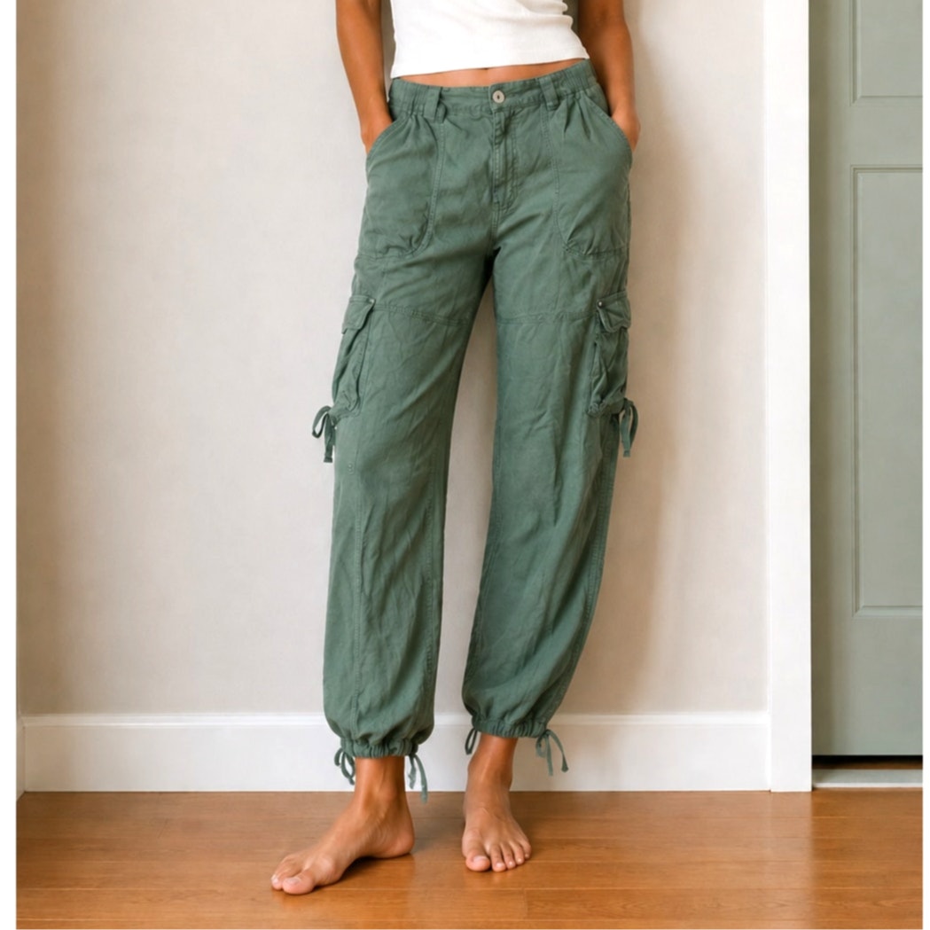 Anthropologie Linen Blend Sage Green Utility Cargo Jogger Pants Size Small